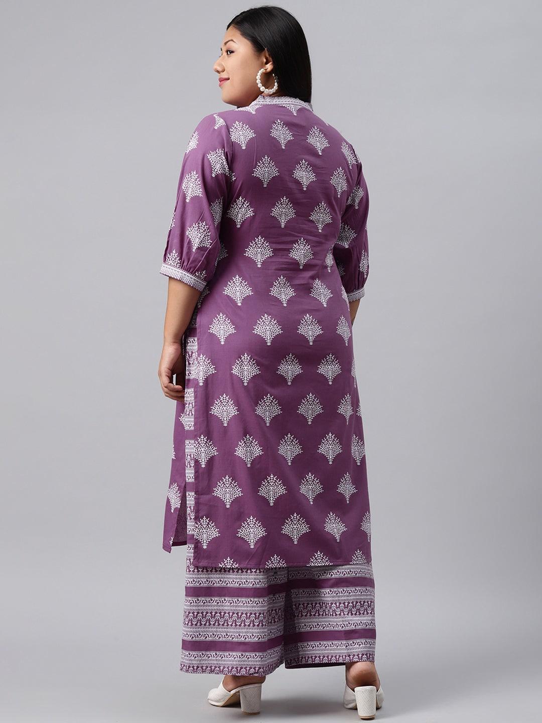 Plus Size Purple Printed Cotton Kurta