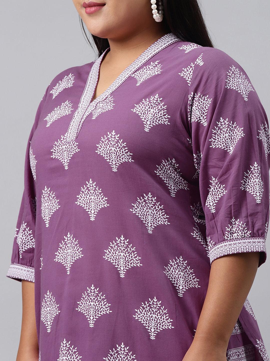 Plus Size Purple Printed Cotton Kurta - ShopLibas