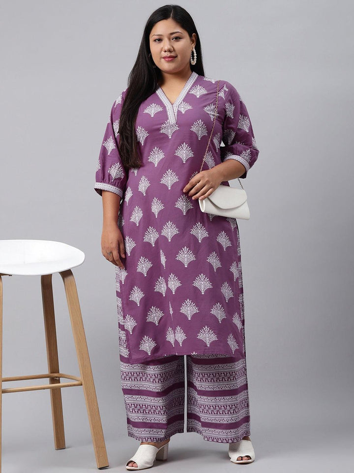 Plus Size Purple Printed Cotton Kurta - ShopLibas