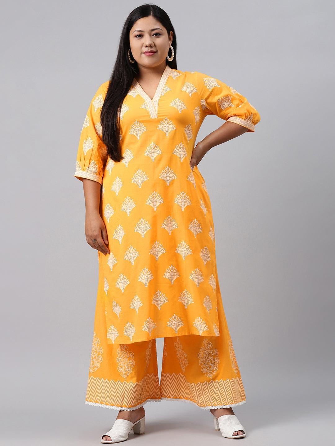 Plus Size Yellow Printed Cotton Kurta