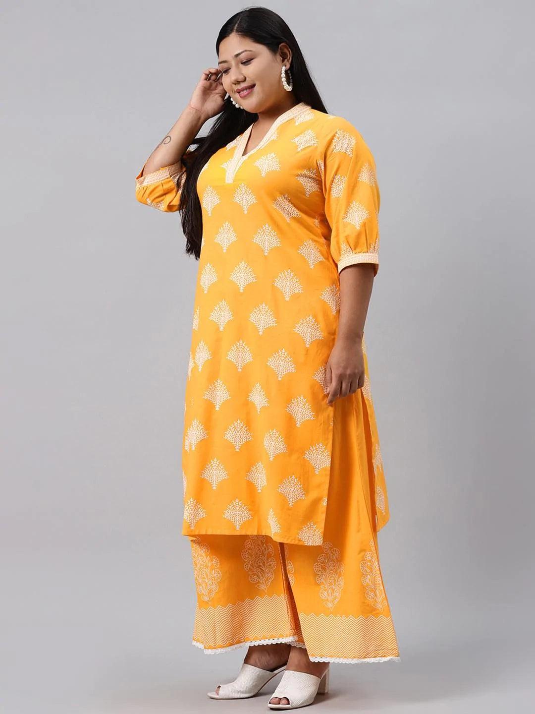 Plus Size Yellow Printed Cotton Kurta