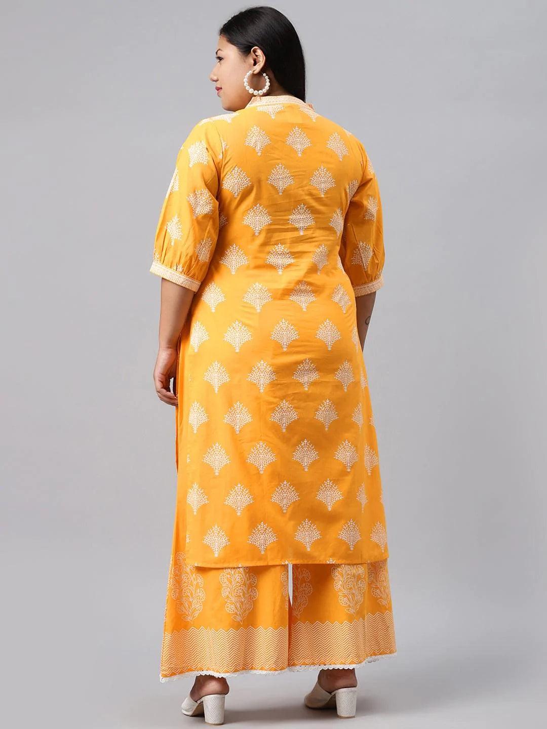 Plus Size Yellow Printed Cotton Kurta