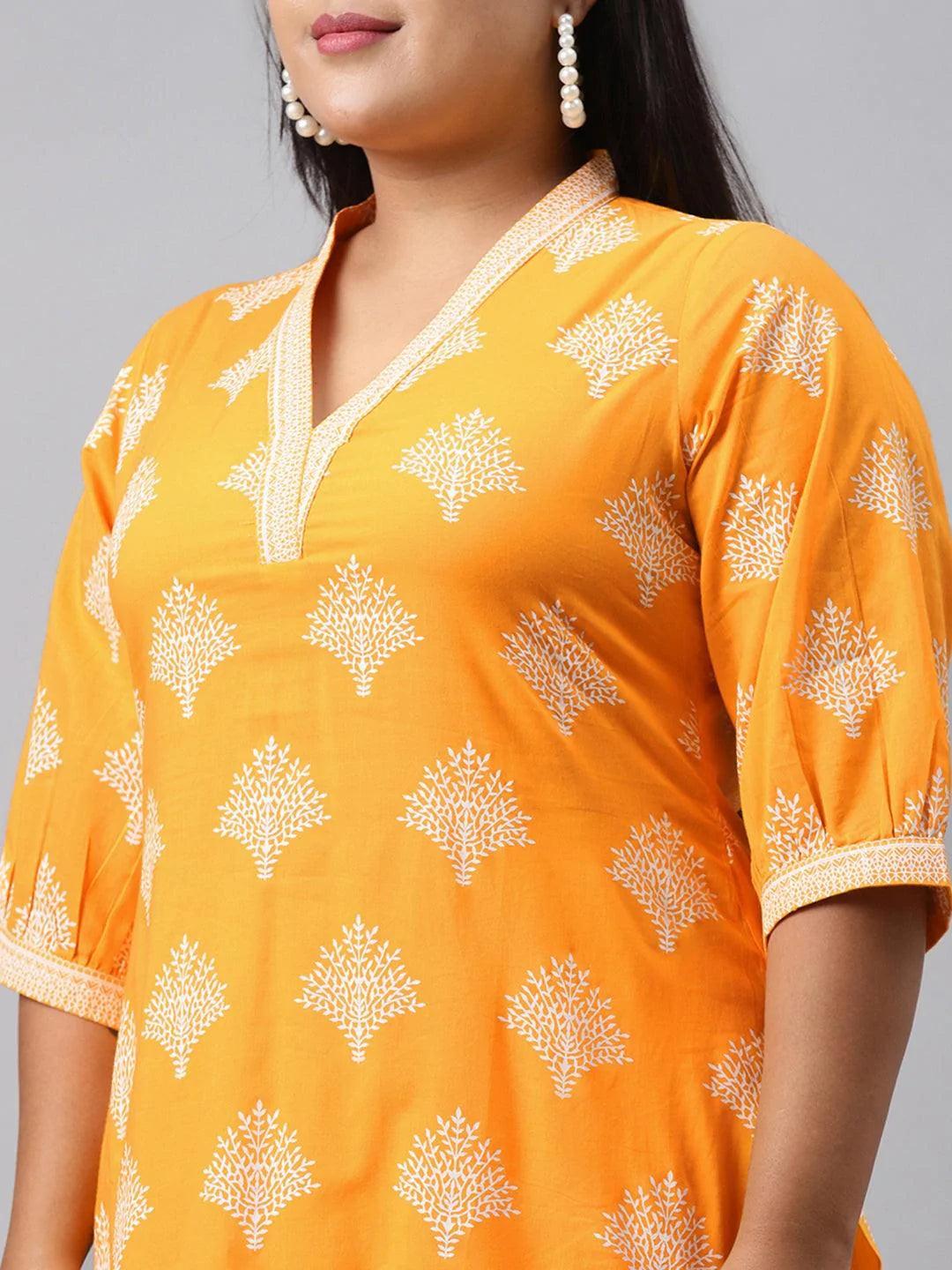 Plus Size Yellow Printed Cotton Kurta