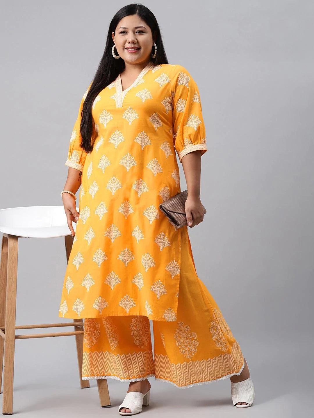 Plus Size Yellow Printed Cotton Kurta