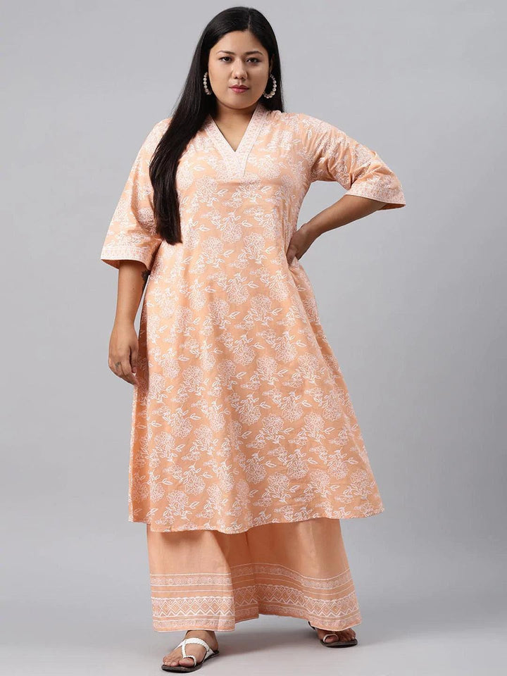 Plus Size Peach Printed Cotton Kurta - ShopLibas