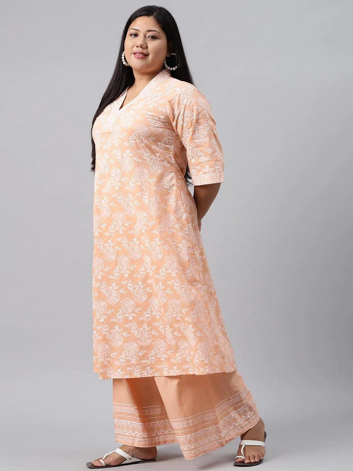 Plus Size Peach Printed Cotton Kurta - ShopLibas