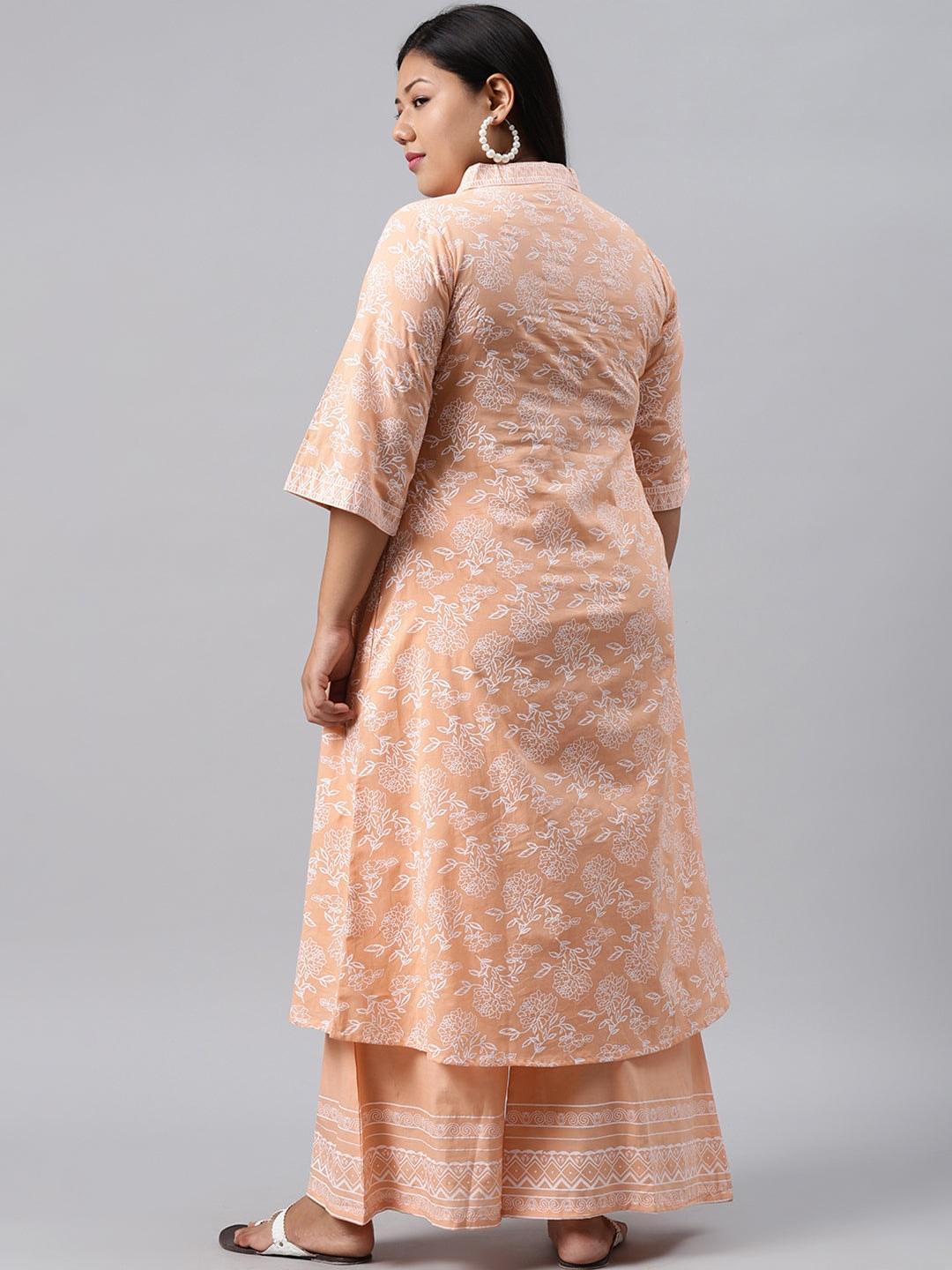 Plus Size Peach Printed Cotton Kurta - ShopLibas