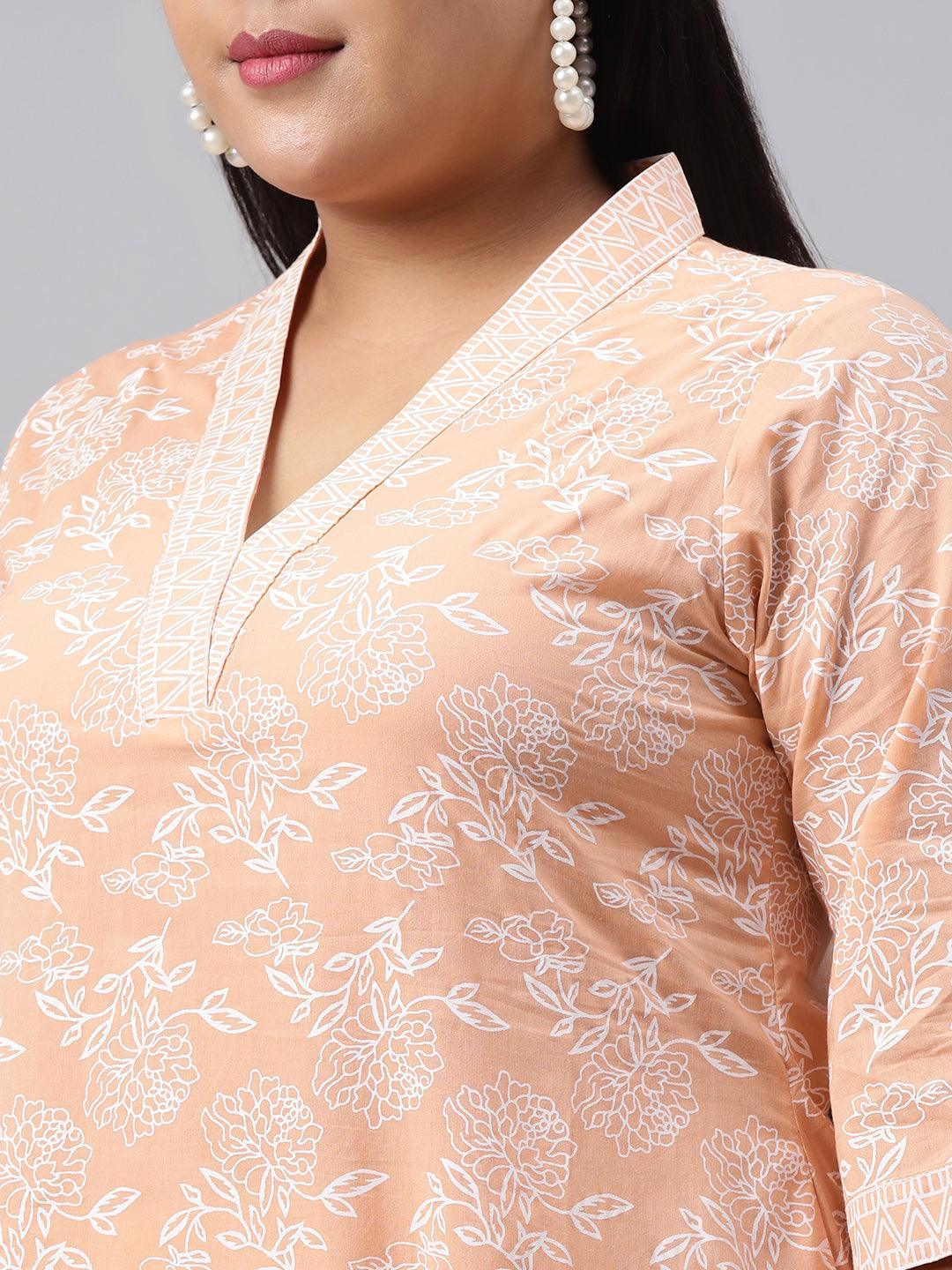 Plus Size Peach Printed Cotton Kurta - ShopLibas