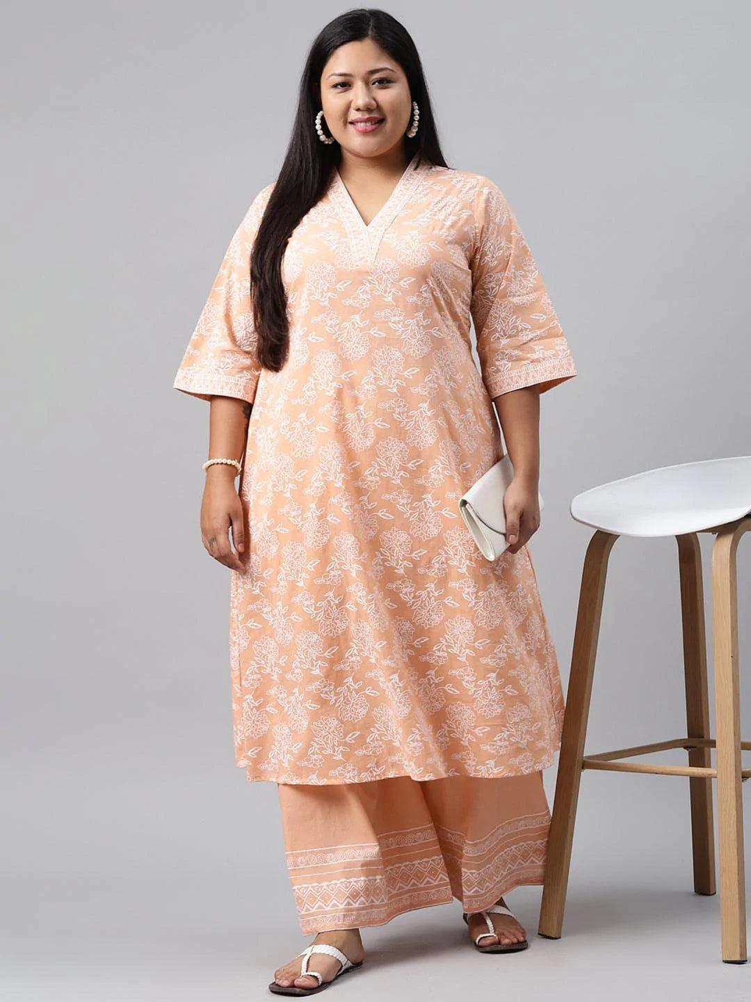 Plus Size Peach Printed Cotton Kurta