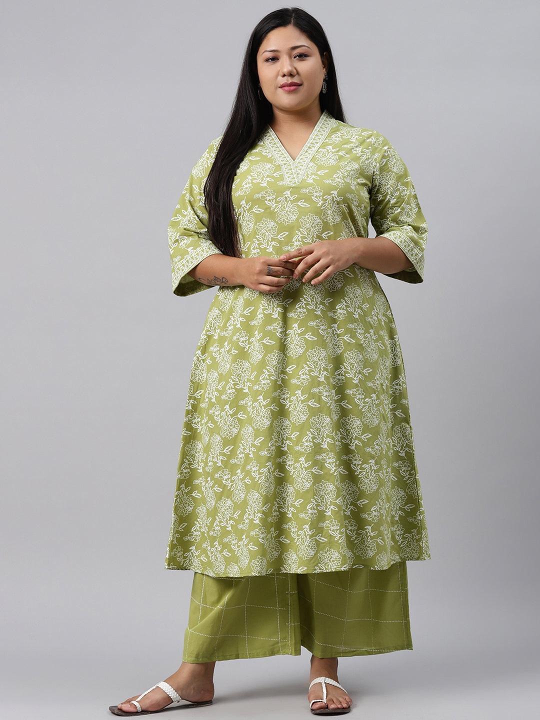 Plus Size Green Printed Cotton Kurta