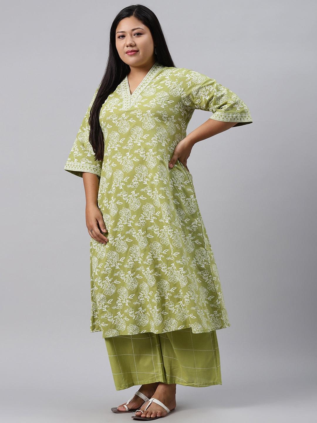 Plus Size Green Printed Cotton Kurta