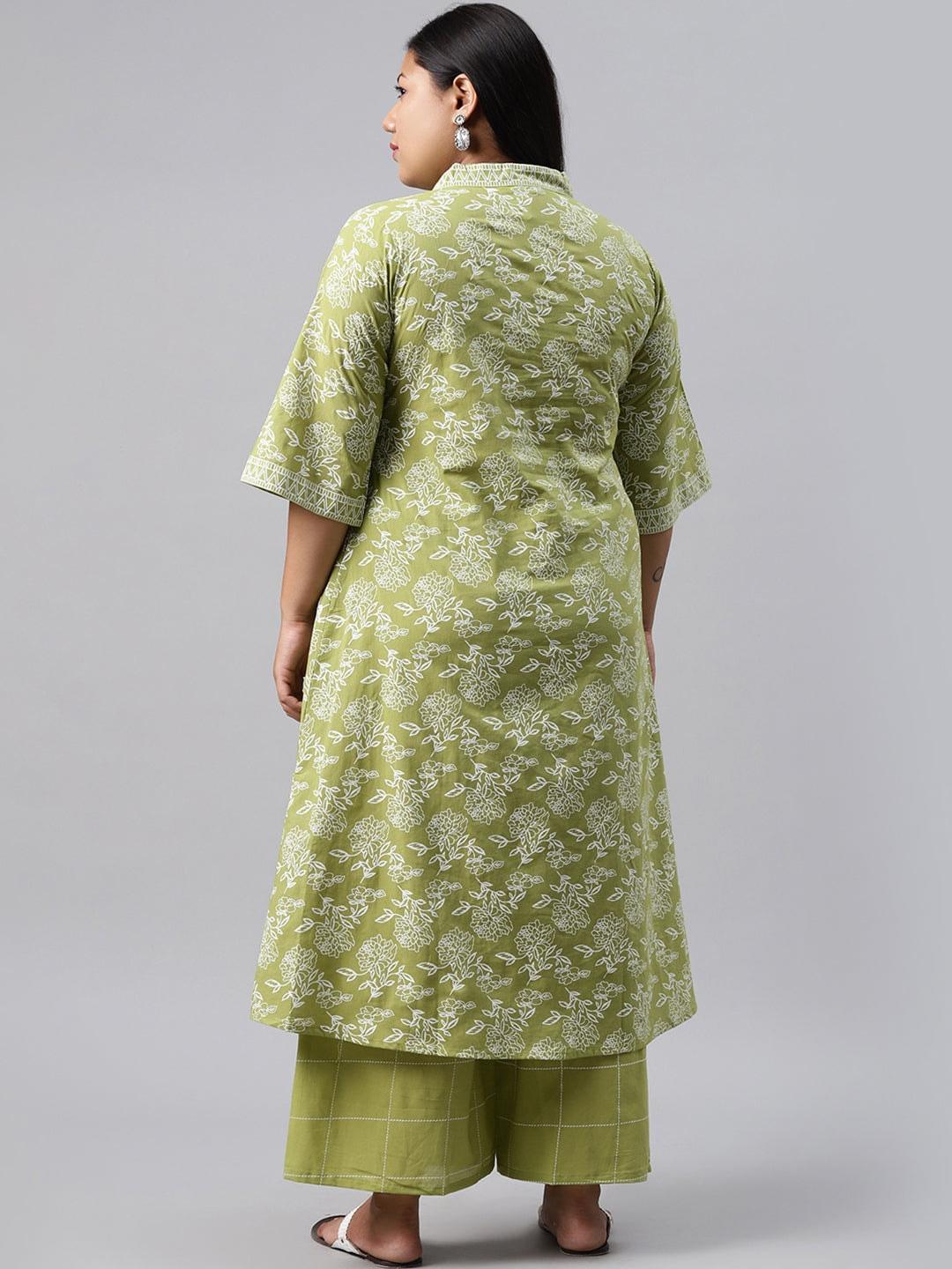 Plus Size Green Printed Cotton Kurta