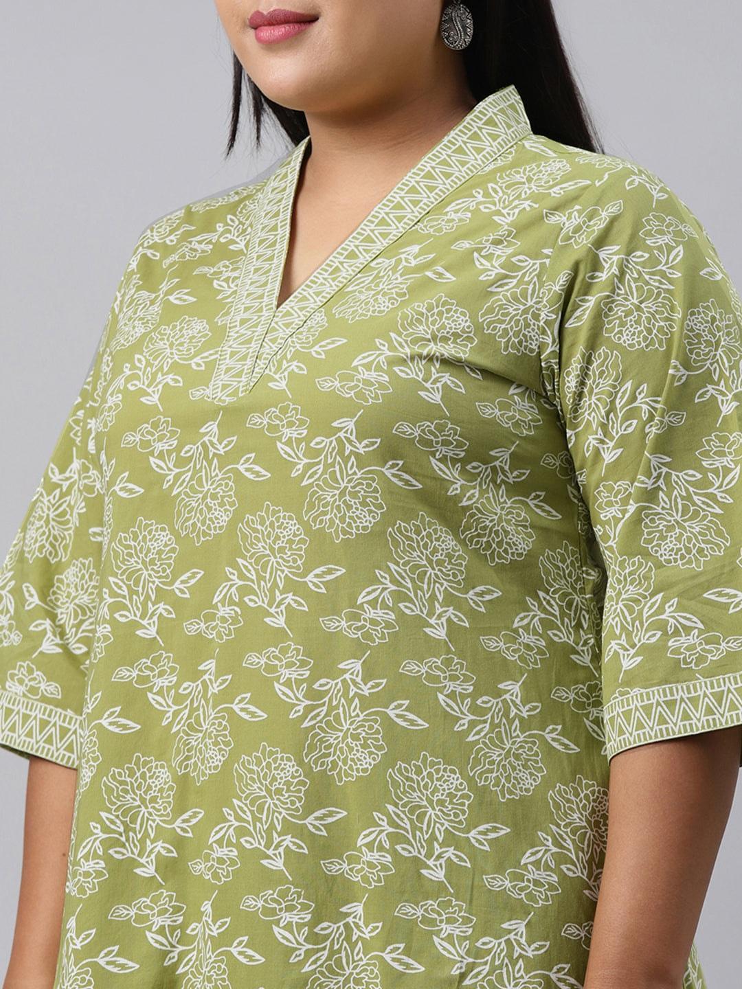 Plus Size Green Printed Cotton Kurta