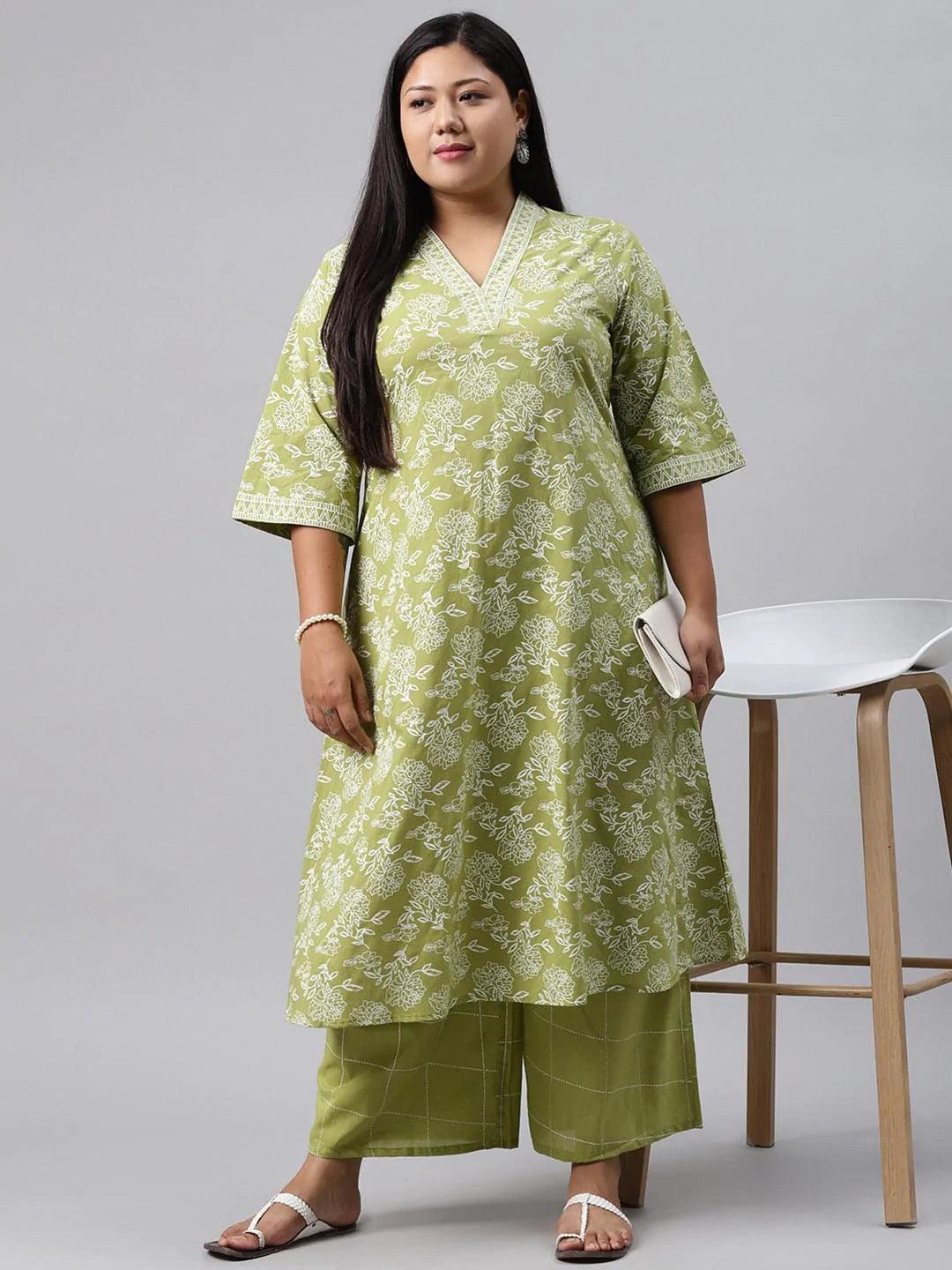 Plus Size Green Printed Cotton Kurta