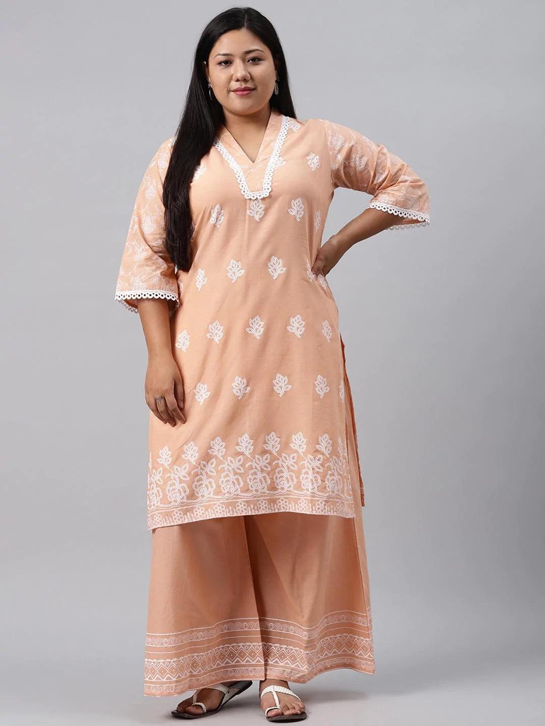 Plus Size Peach Printed Cotton Kurta