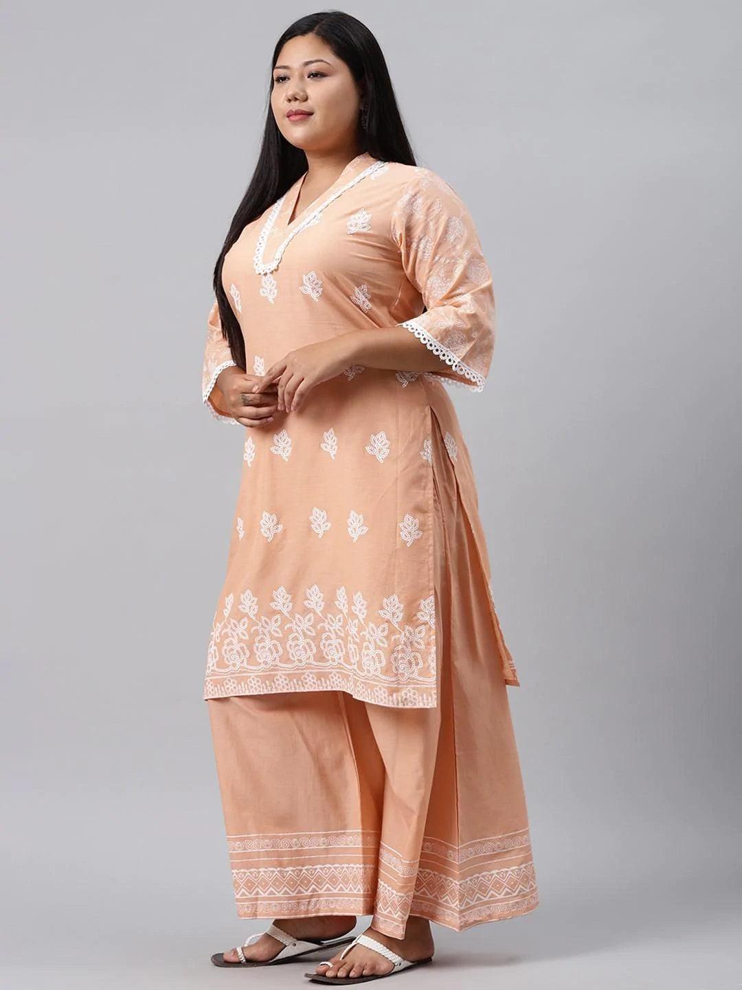 Plus Size Peach Printed Cotton Kurta