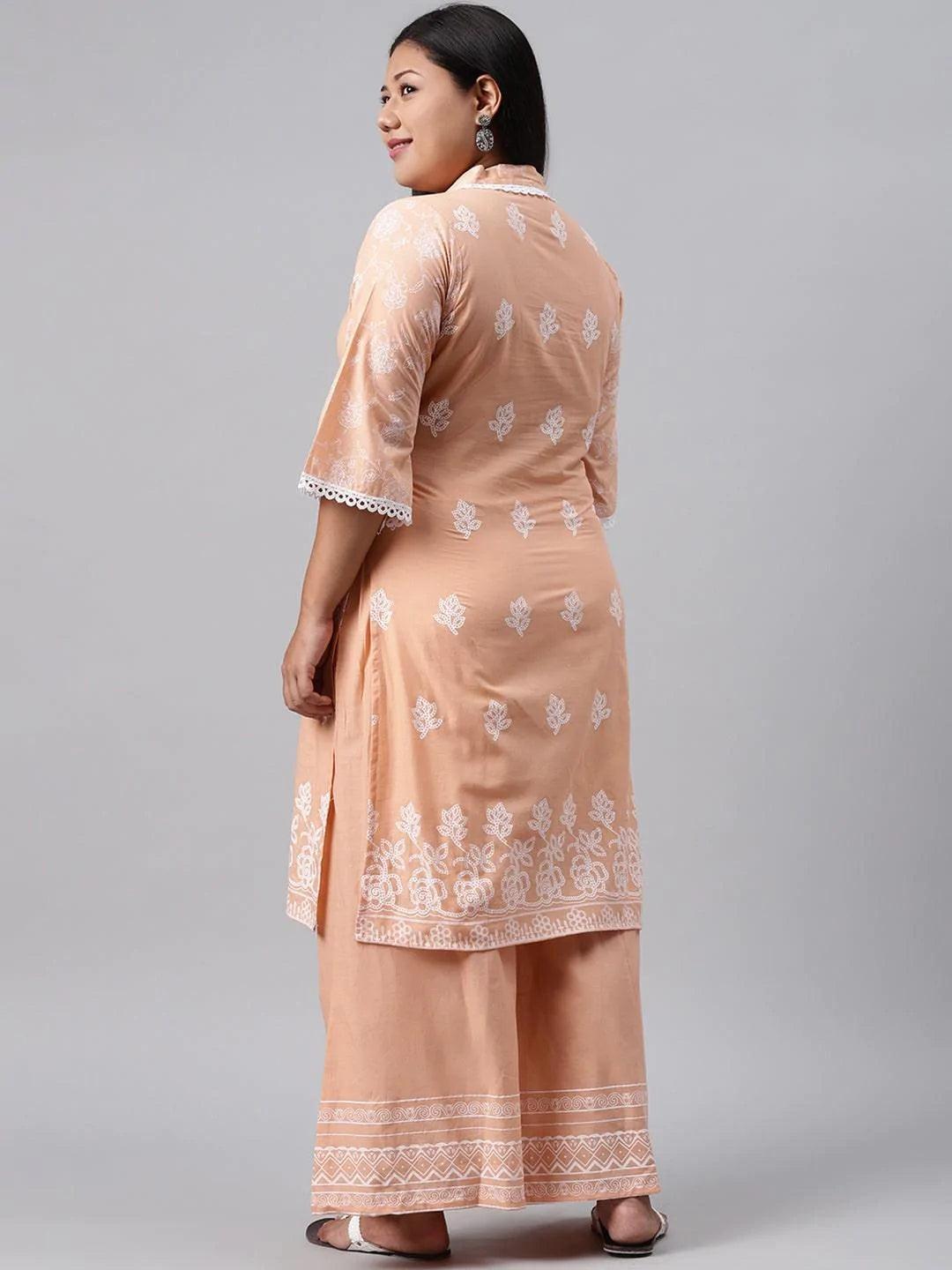 Plus Size Peach Printed Cotton Kurta