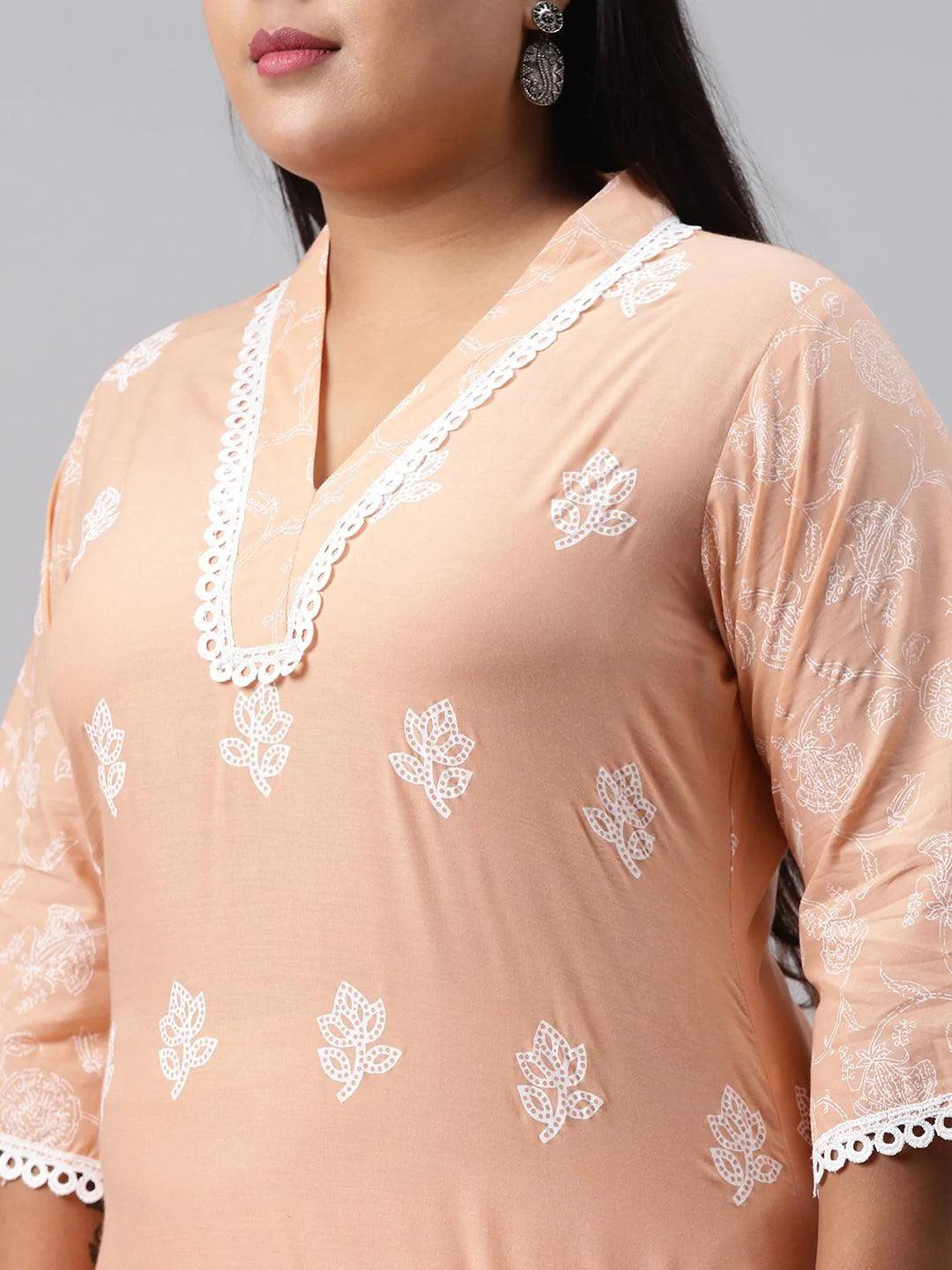 Plus Size Peach Printed Cotton Kurta