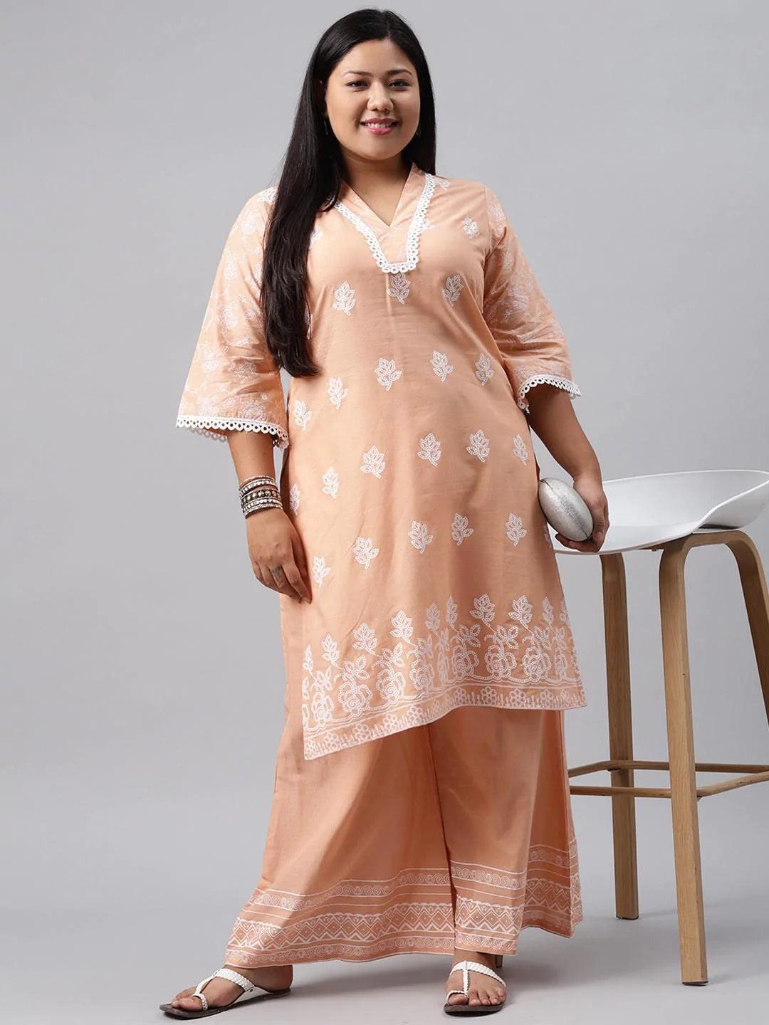 Plus Size Peach Printed Cotton Kurta