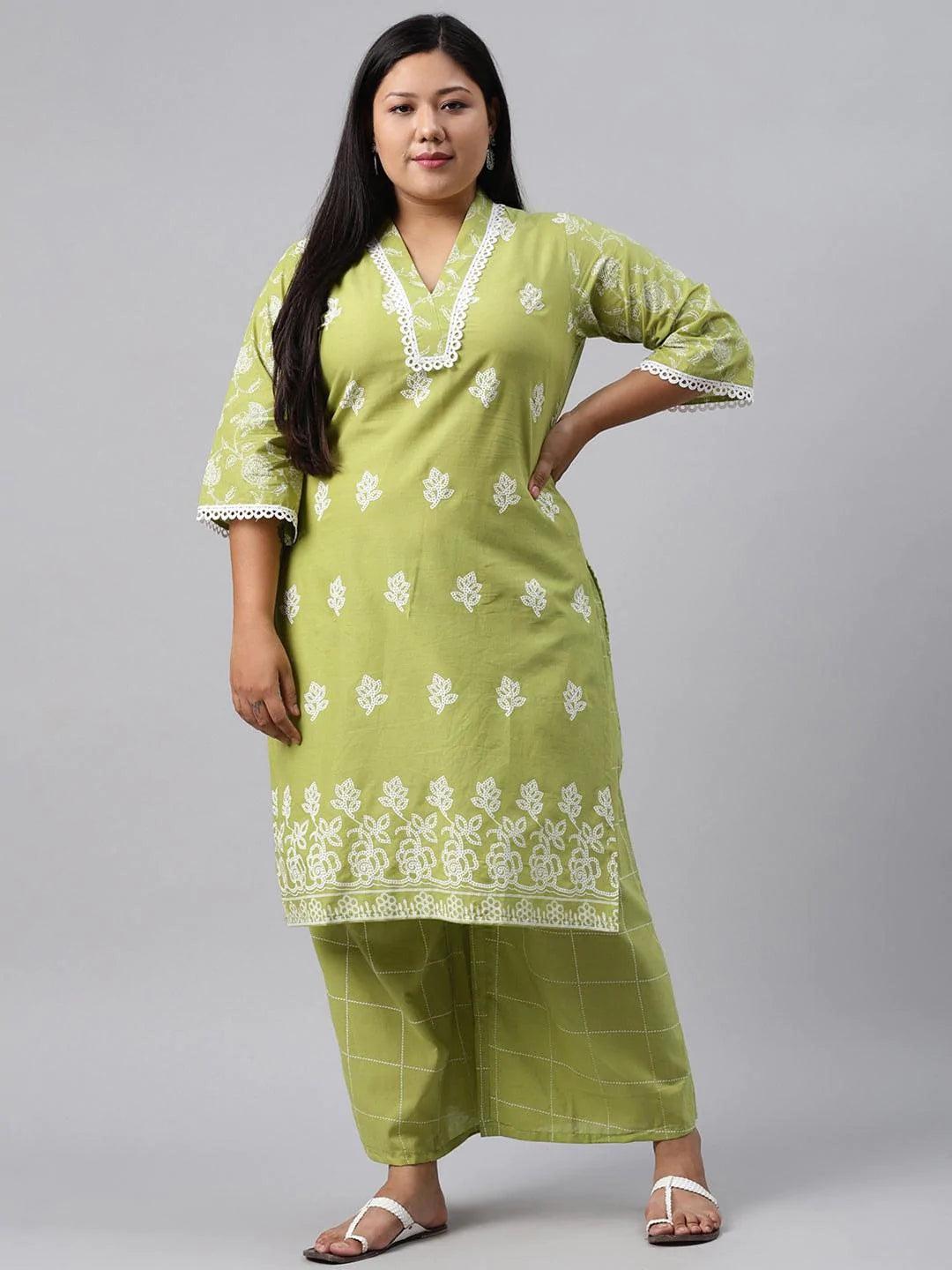 Plus Size Green Printed Cotton Kurta - ShopLibas