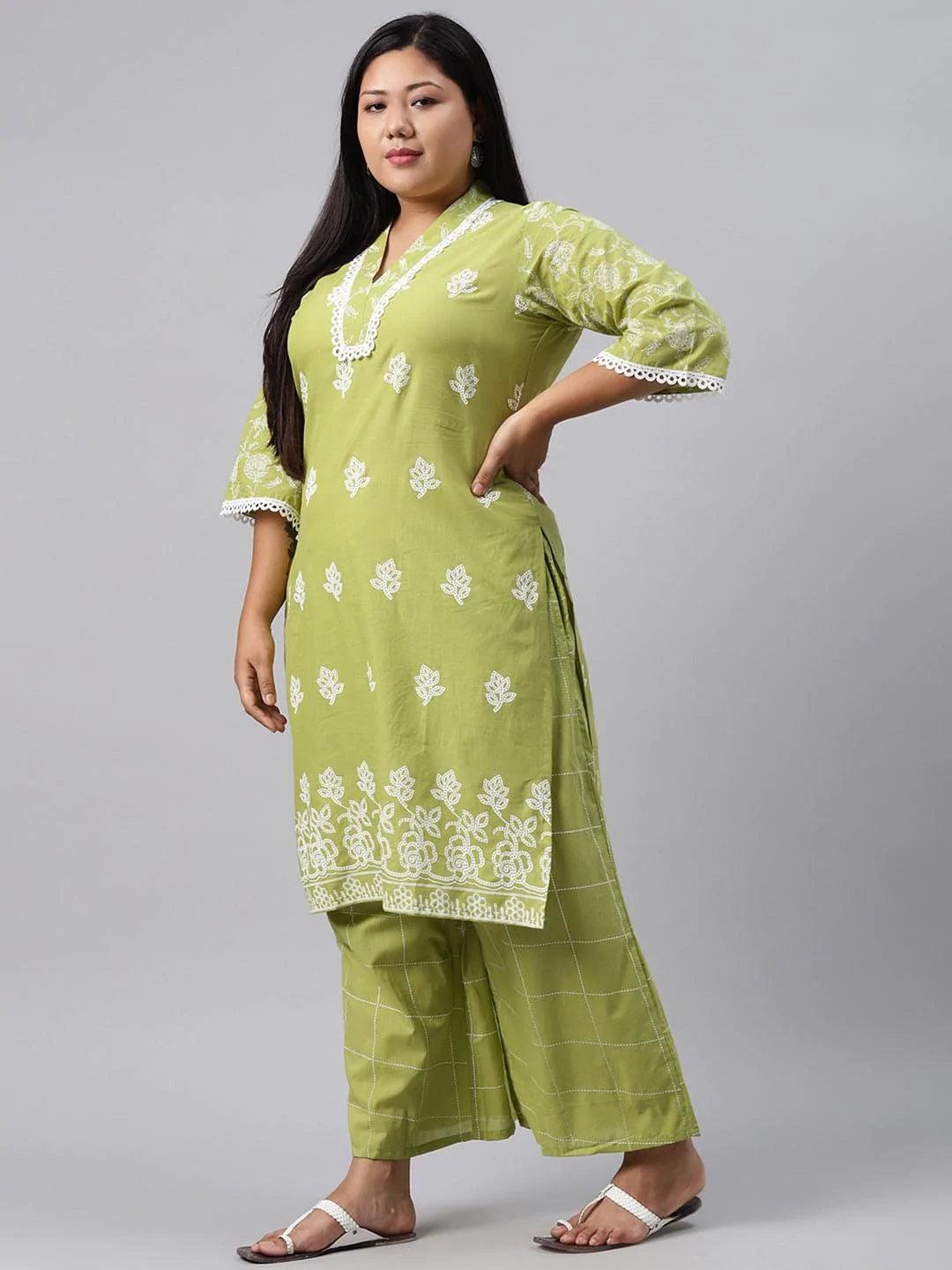 Plus Size Green Printed Cotton Kurta - ShopLibas