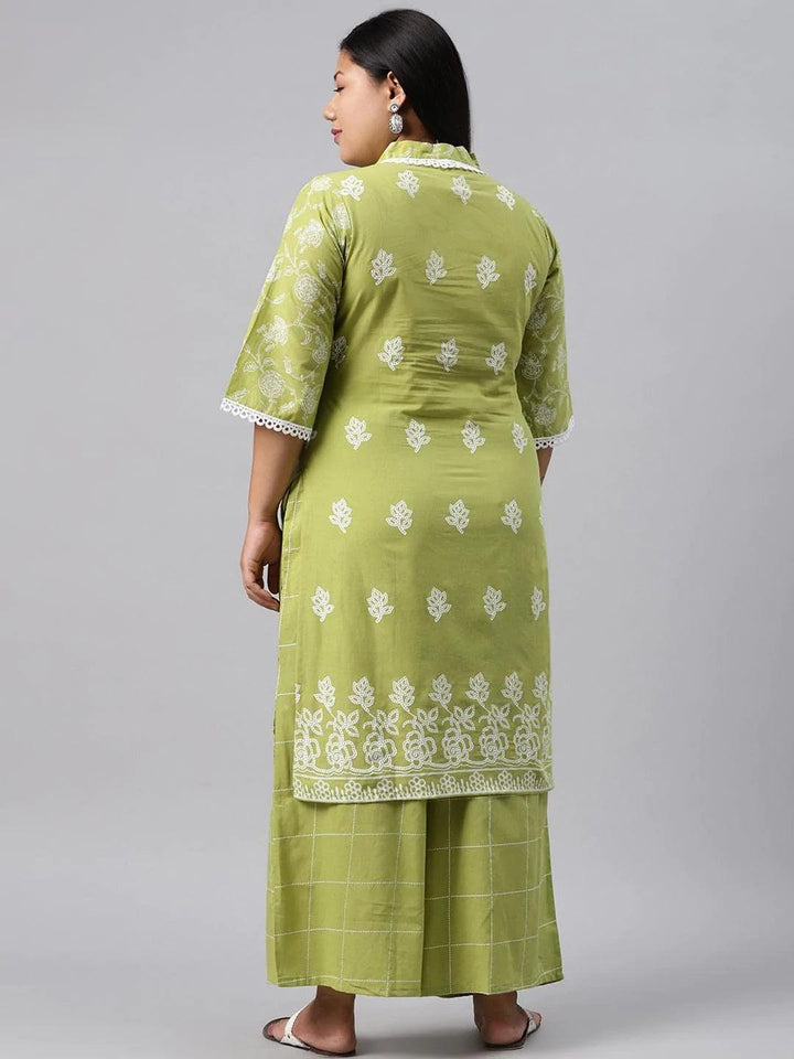 Plus Size Green Printed Cotton Kurta - ShopLibas