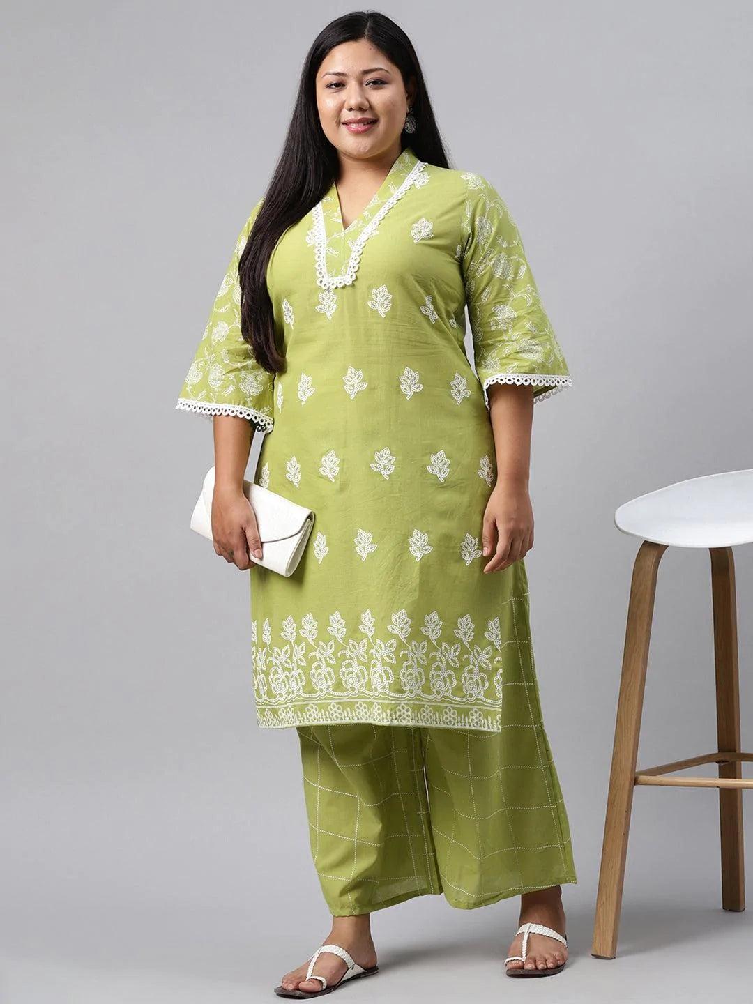 Plus Size Green Printed Cotton Kurta