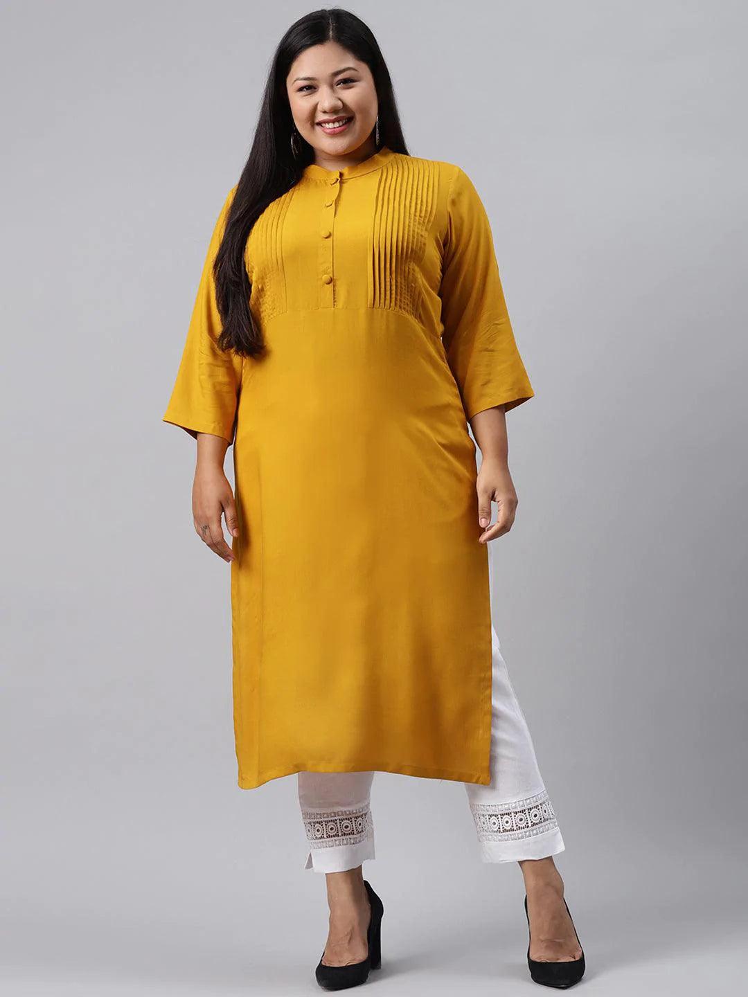 Plus Size Mustard Solid Rayon Kurta - ShopLibas