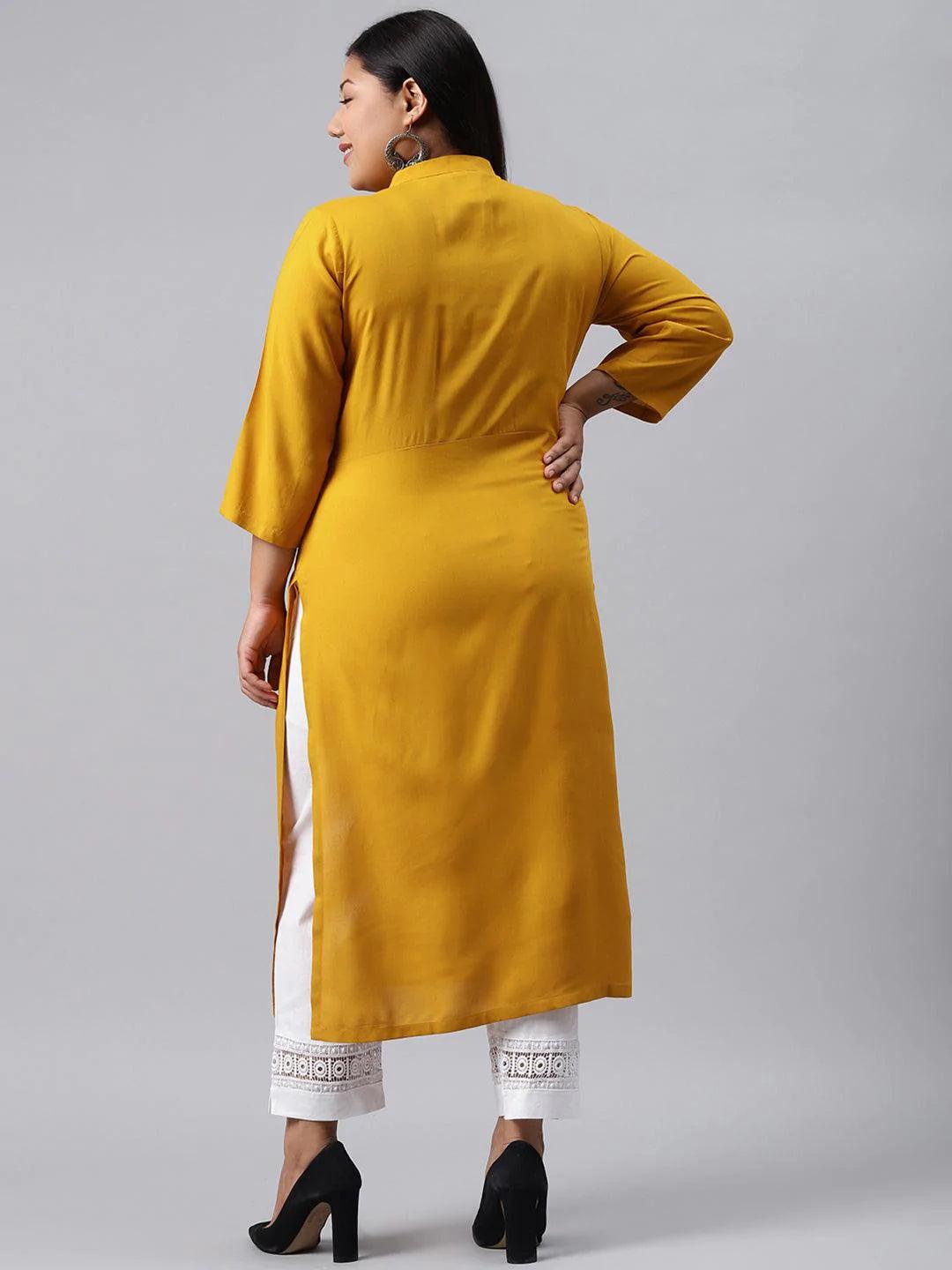 Plus Size Mustard Solid Rayon Kurta - ShopLibas