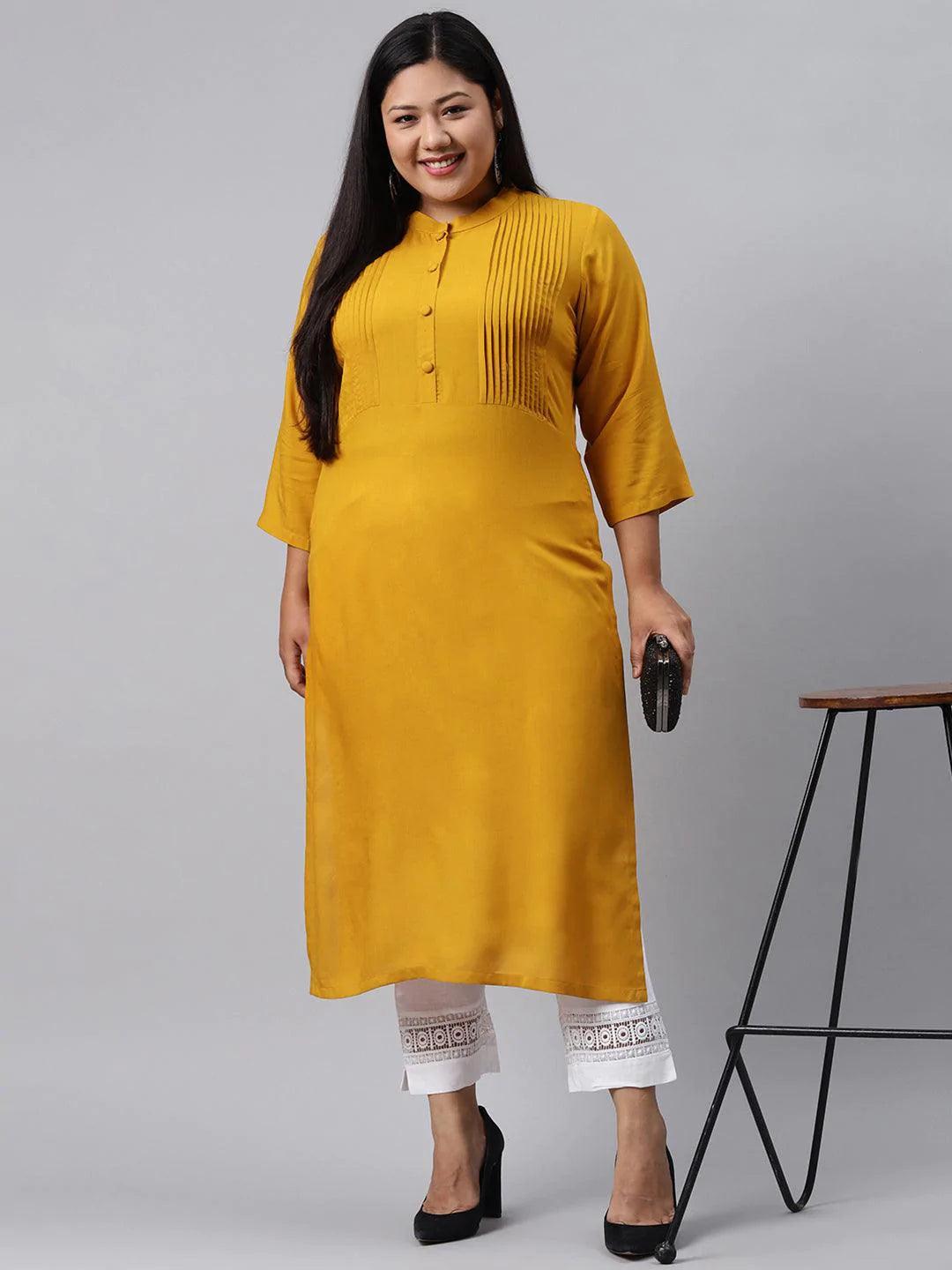 Plus Size Mustard Solid Rayon Kurta - ShopLibas