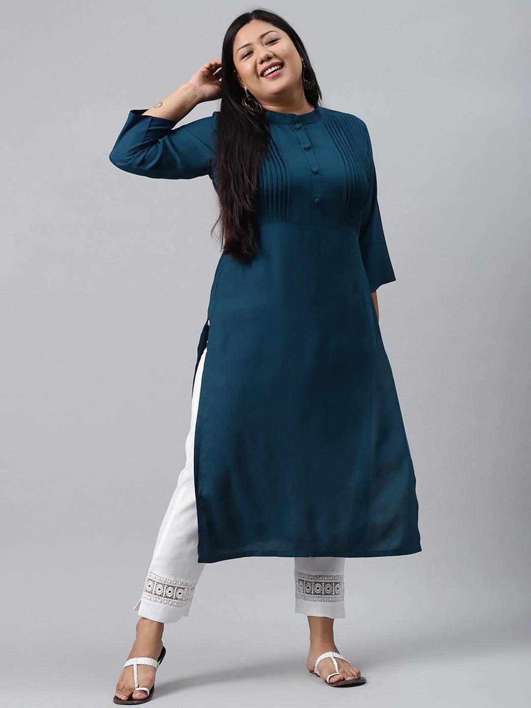 Plus Size Blue Solid  Rayon Kurta