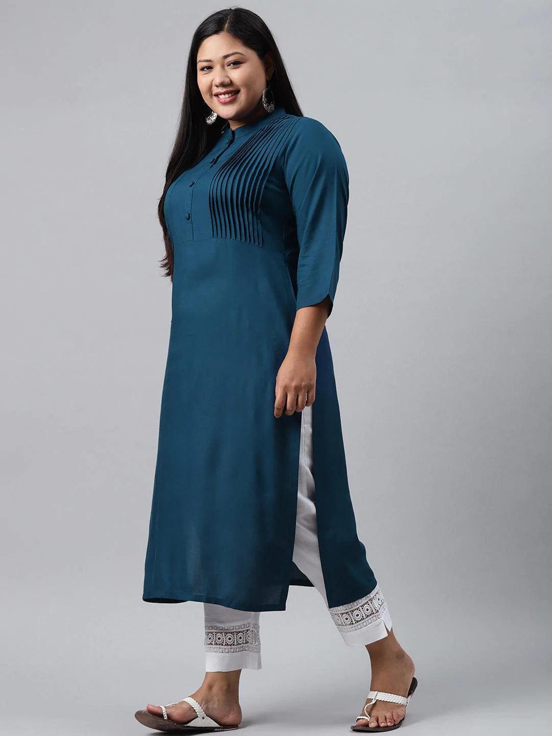 Plus Size Blue Solid  Rayon Kurta