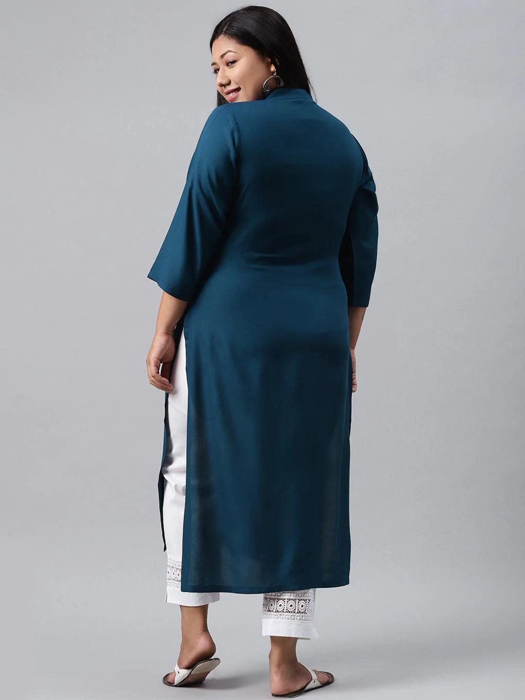 Plus Size Blue Solid Rayon Kurta - ShopLibas