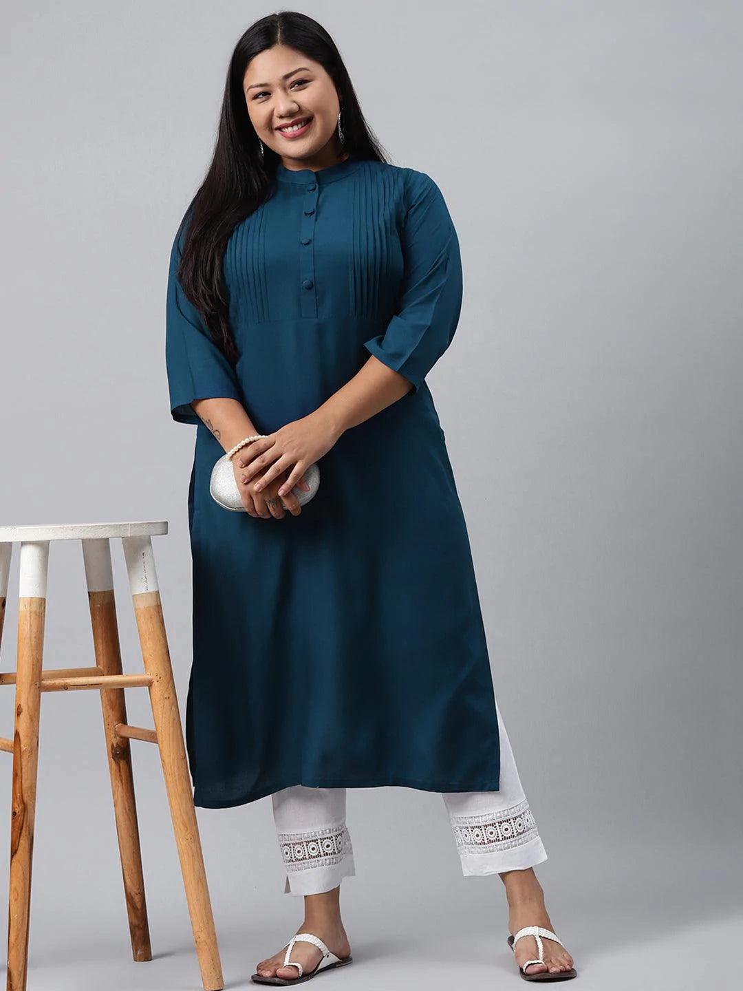 Plus Size Blue Solid  Rayon Kurta