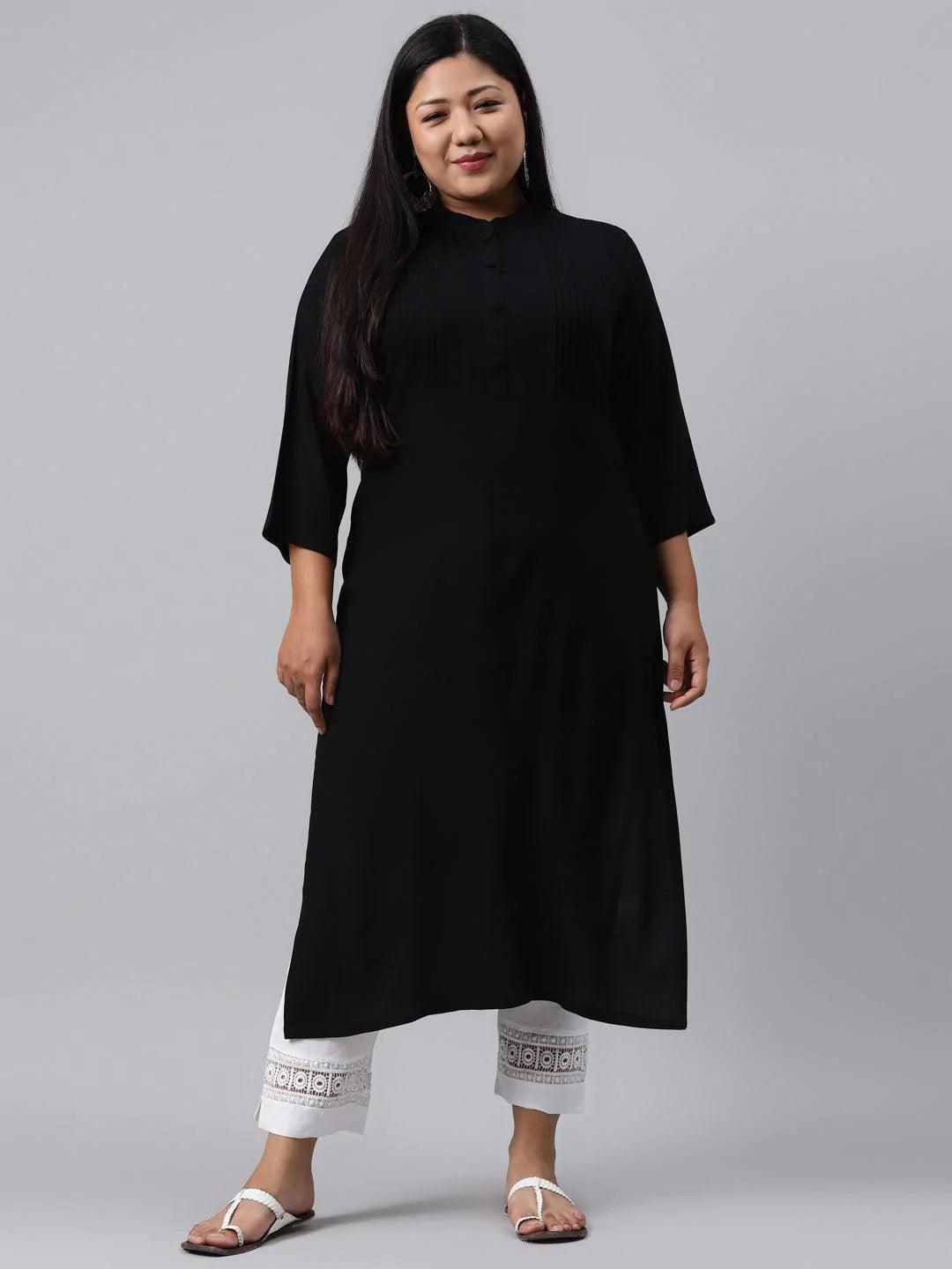 Plus Size Black Solid Rayon Kurta