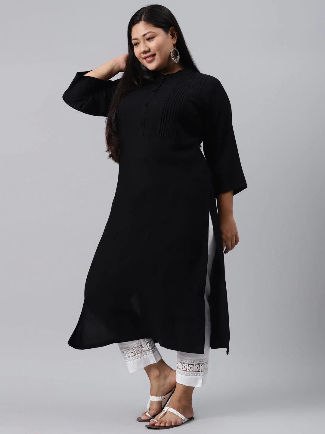 Plus Size Black Solid Rayon Kurta