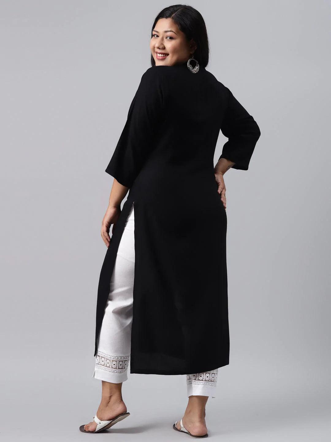 Plus Size Black Solid Rayon Kurta