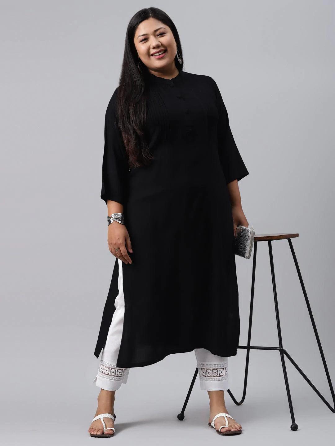 Plus Size Black Solid Rayon Kurta