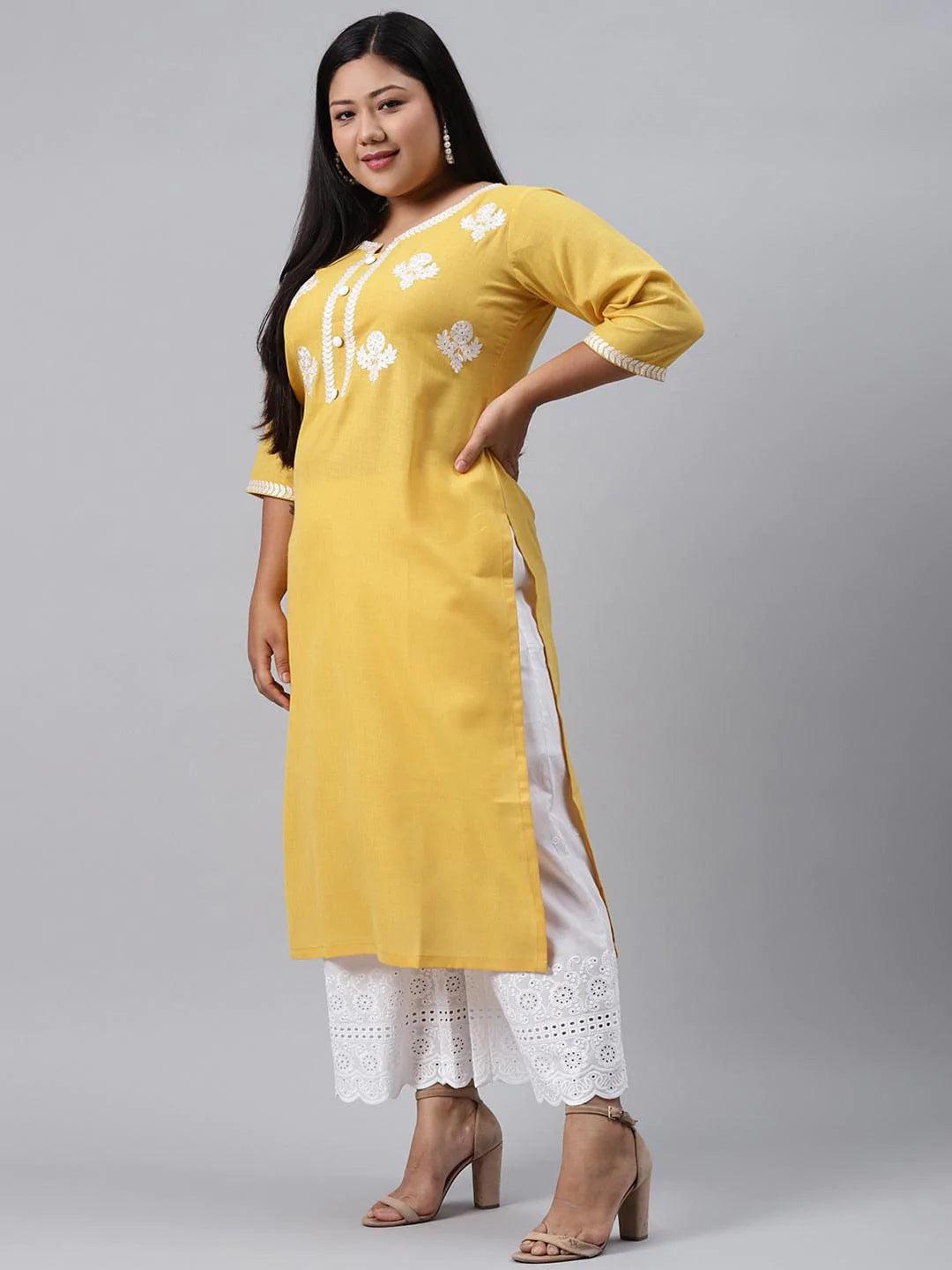 Plus Size Yellow Embroidered Cotton Kurta