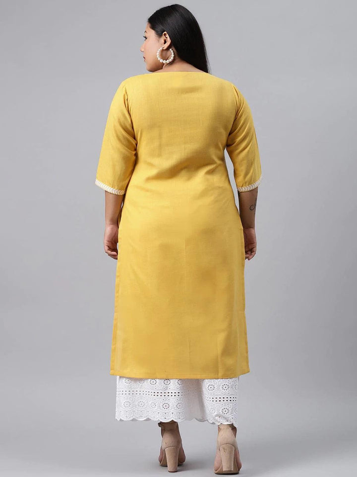 Plus Size Yellow Embroidered Cotton Kurta - ShopLibas