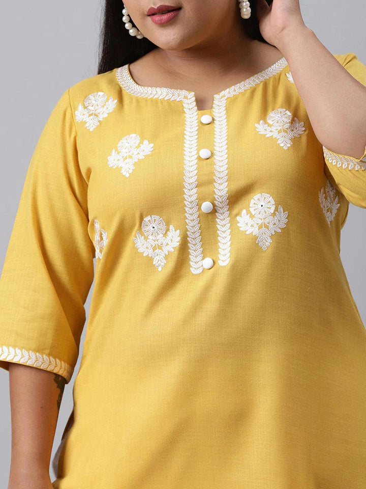 Plus Size Yellow Embroidered Cotton Kurta - ShopLibas