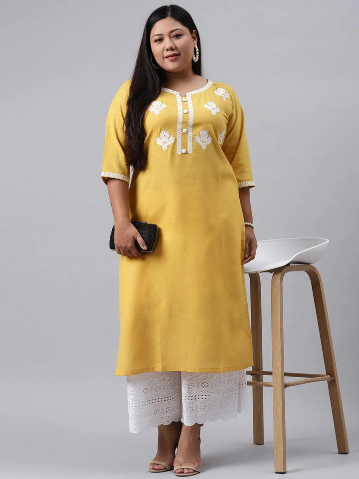 Plus Size Yellow Embroidered Cotton Kurta - ShopLibas