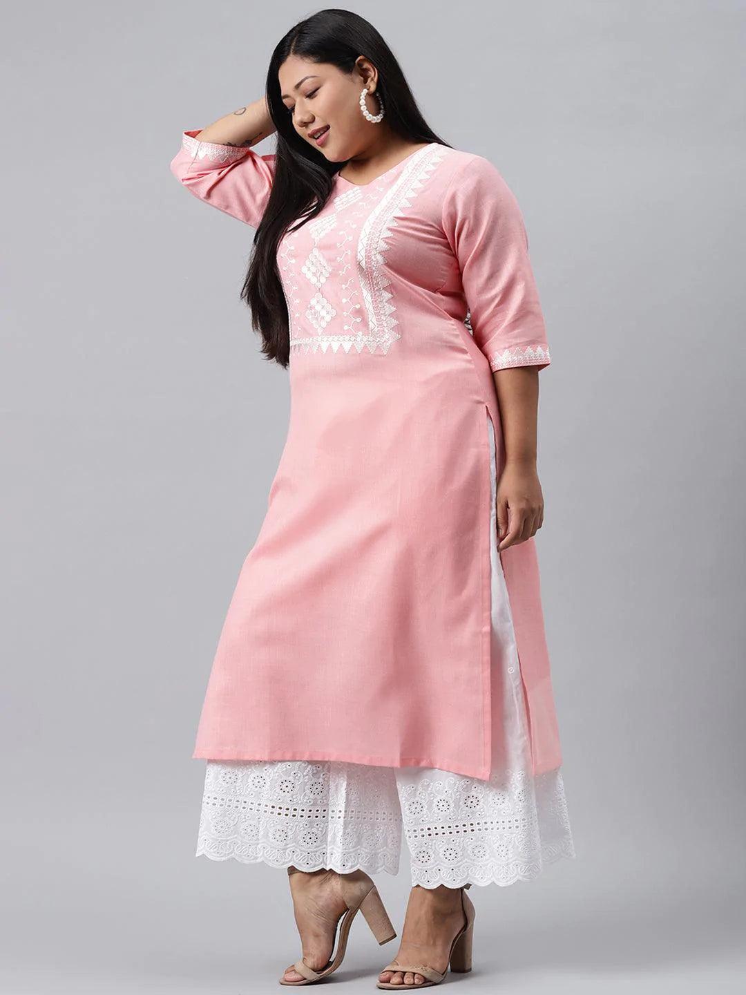 Plus Size Pink Embroidered Cotton Kurta