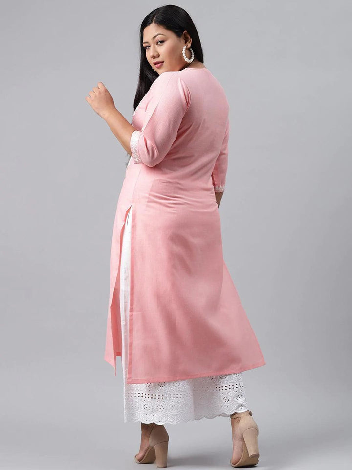 Plus Size Pink Embroidered Cotton Kurta - ShopLibas