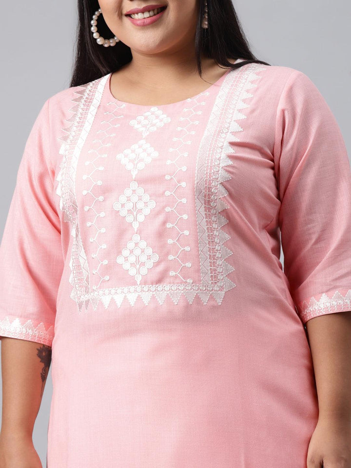 Plus Size Pink Embroidered Cotton Kurta - ShopLibas