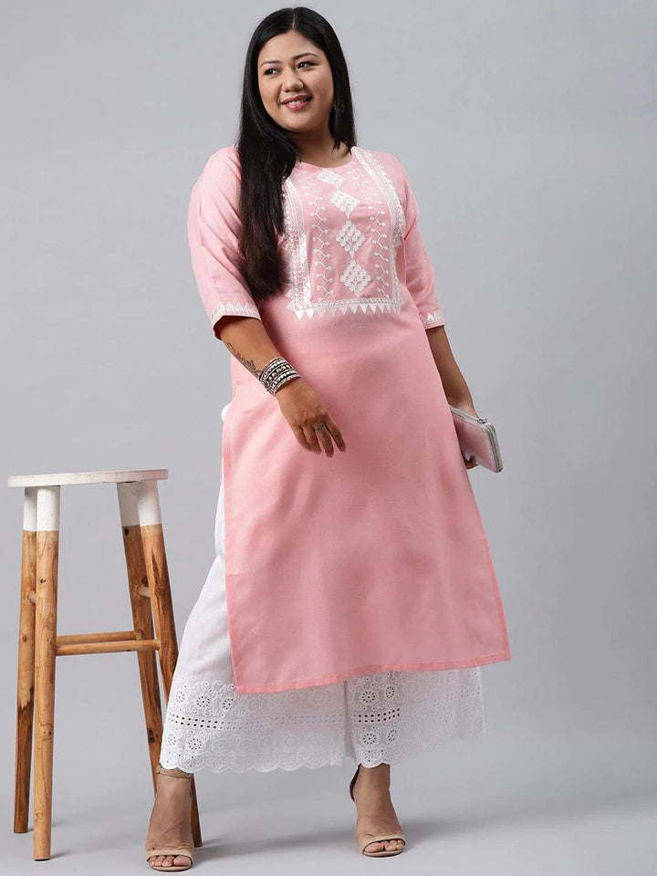 Plus Size Pink Embroidered Cotton Kurta - ShopLibas