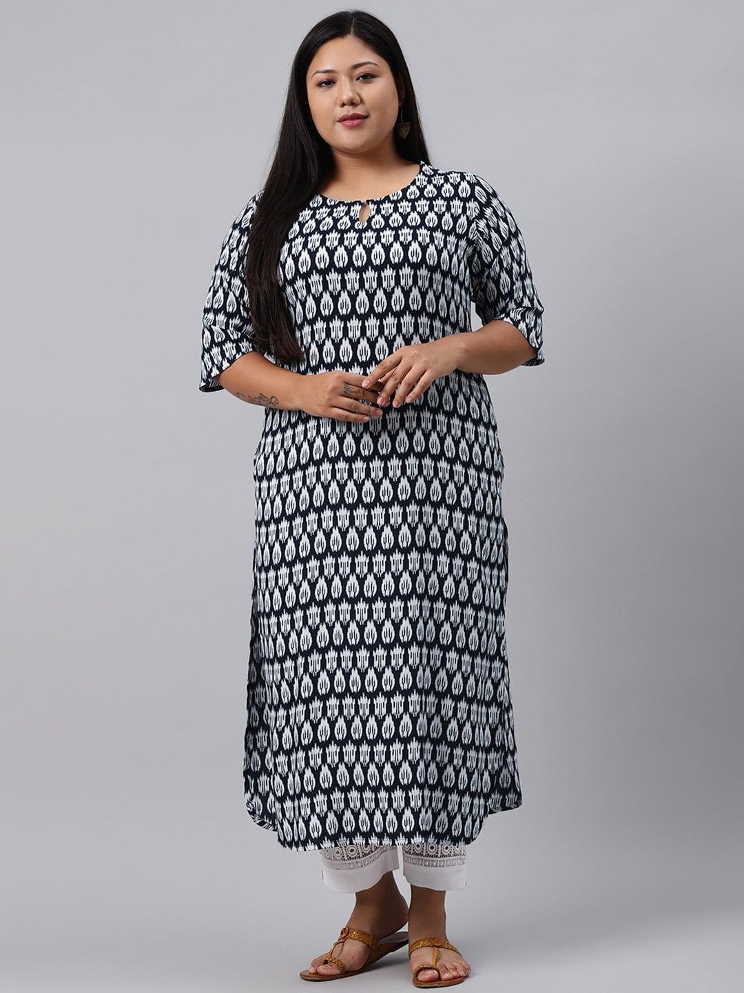 Plus Size Blue Printed Rayon Kurta