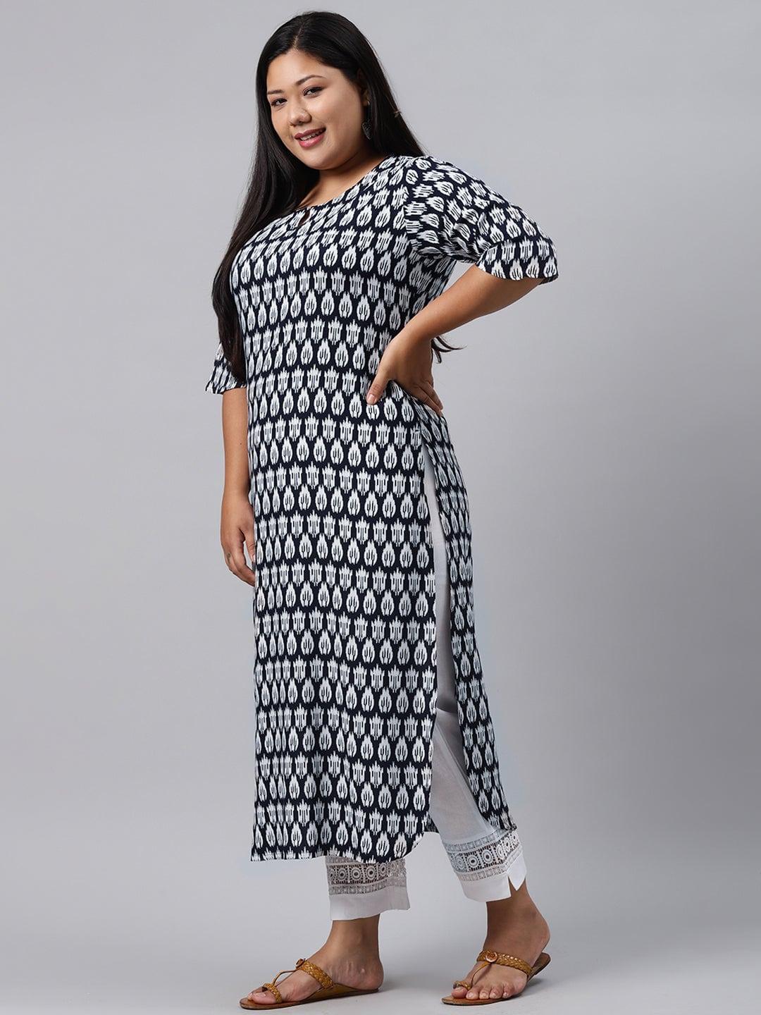 Plus Size Blue Printed Rayon Kurta