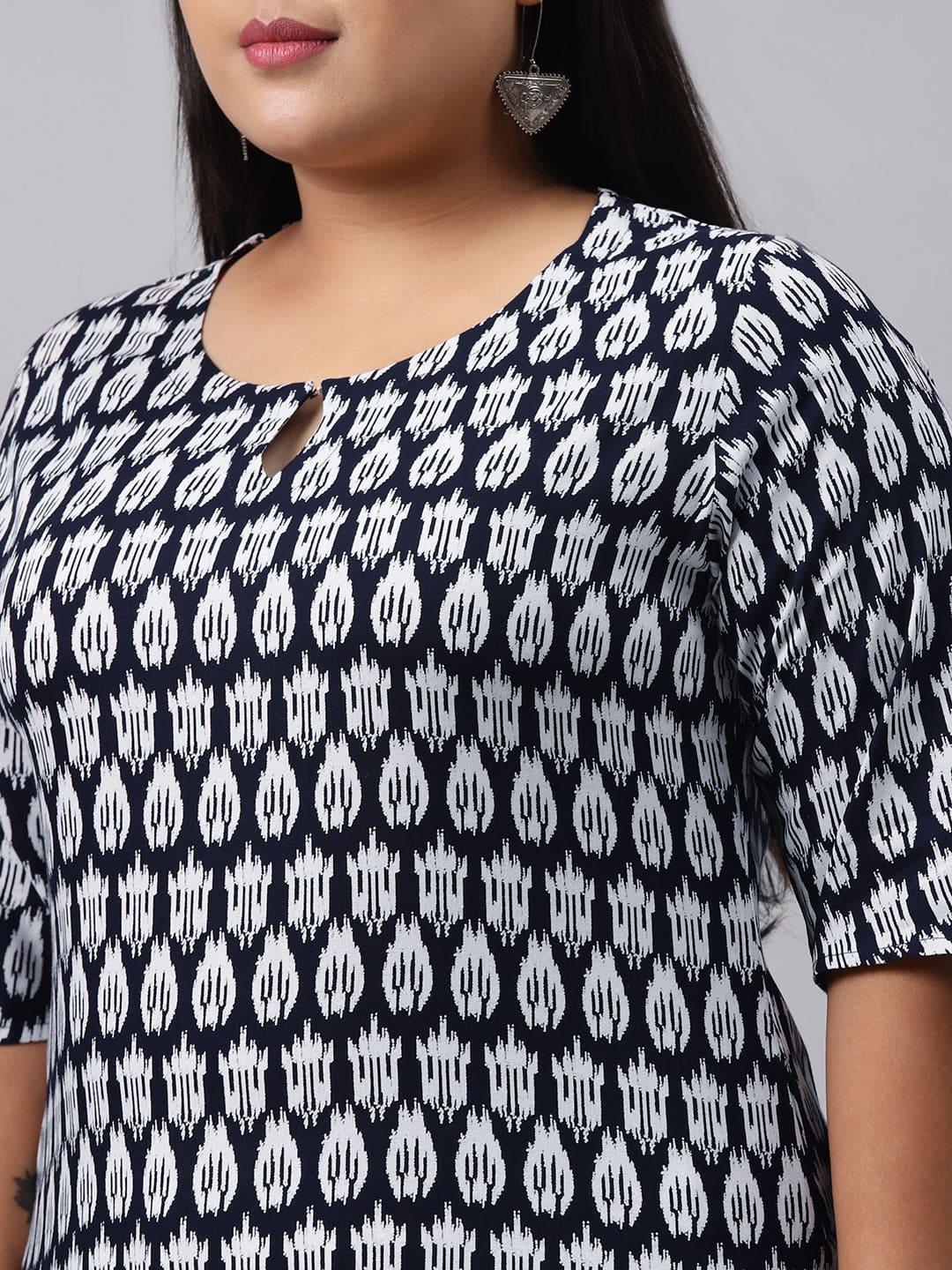 Plus Size Blue Printed Rayon Kurta