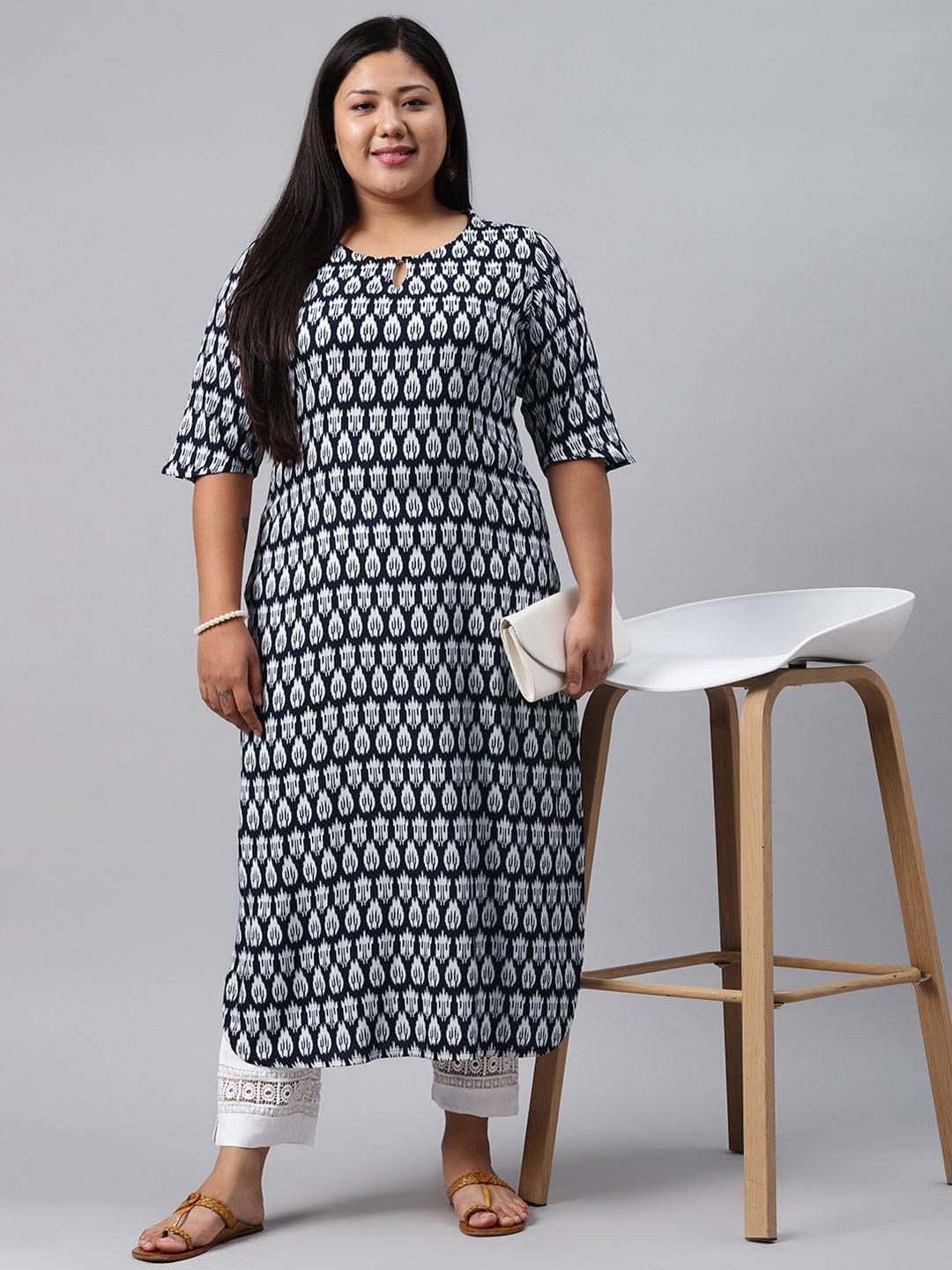 Plus Size Blue Printed Rayon Kurta